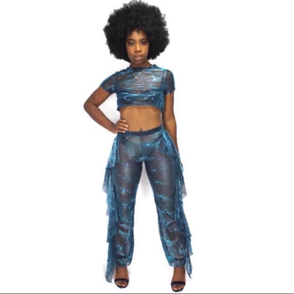 Women's blue 2-piece swimsuit cover-up - Picture 5 of 6